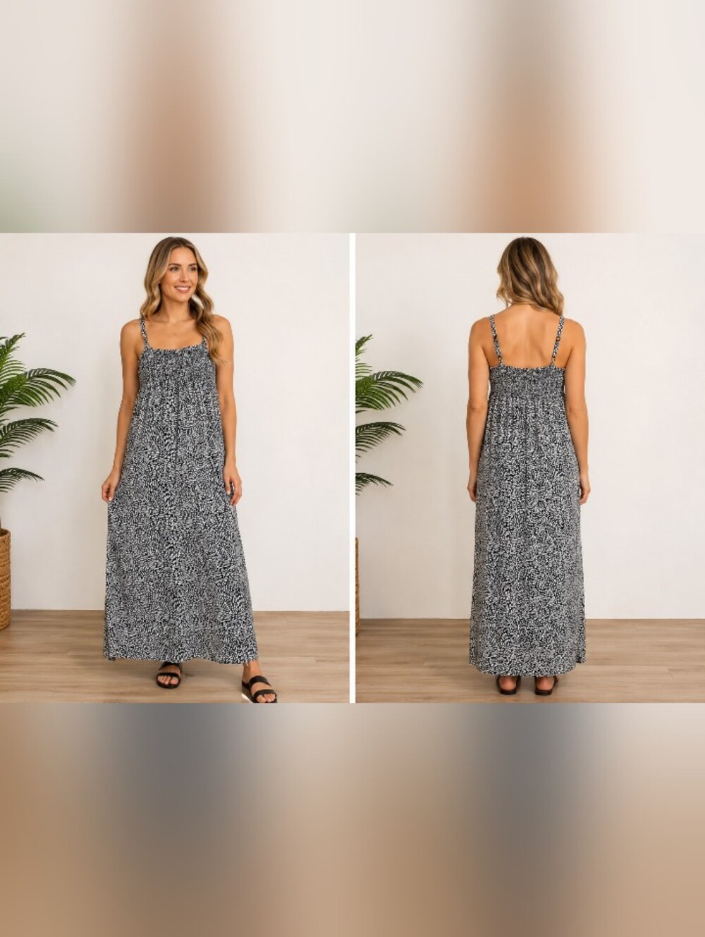 Island Planet Miami Beach Rayon Maxi Dress Black White Print Adjustable Straps L